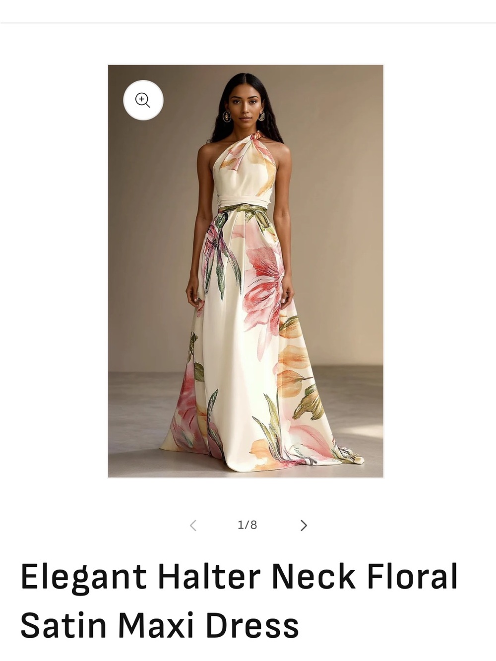Fehaute Halter-Neck Cream Floral Satin Maxi Dress